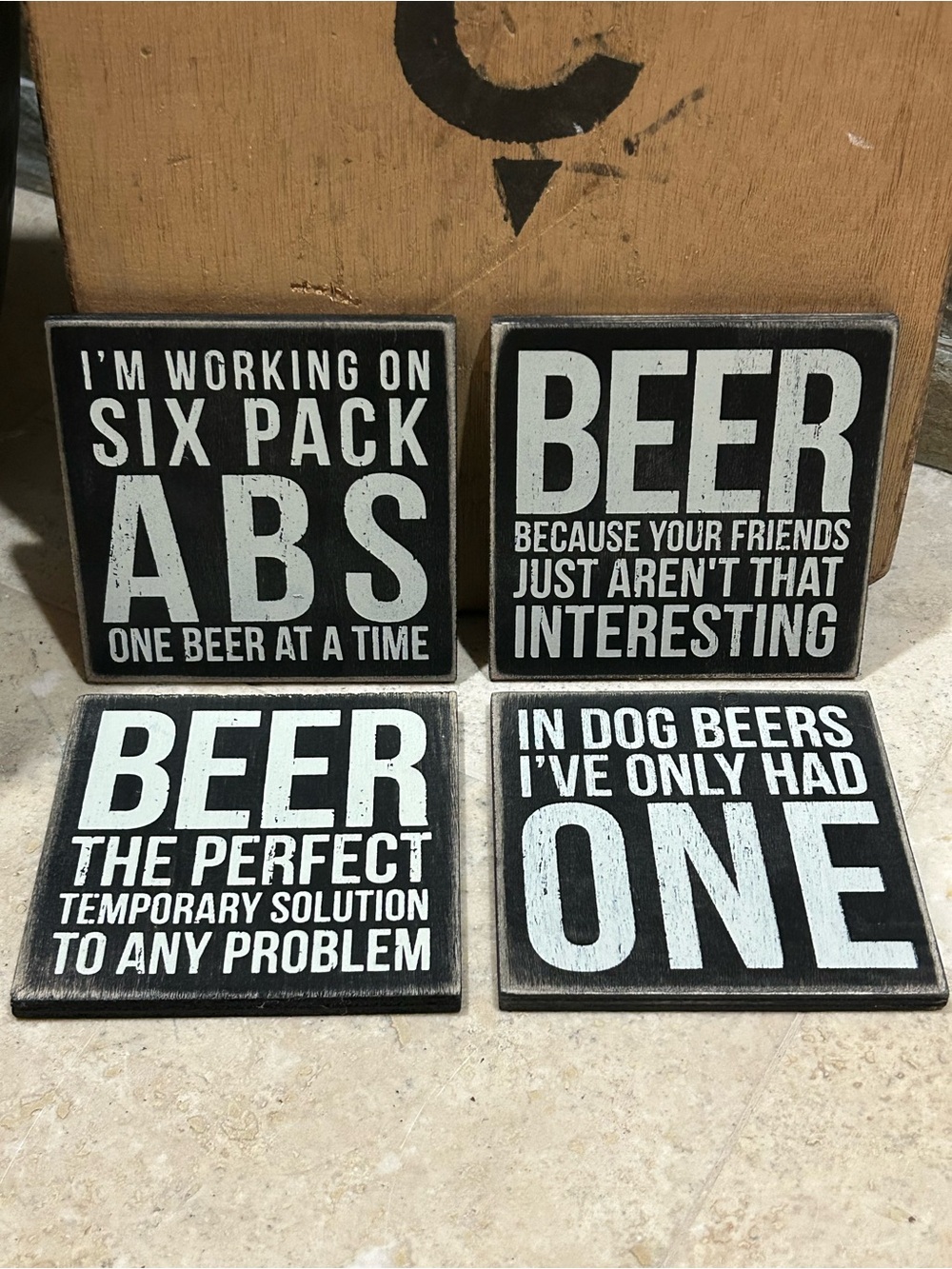 Set of 4 PRIMITIVE BY KATHY Black & White Beer-themed Wooden Coasters